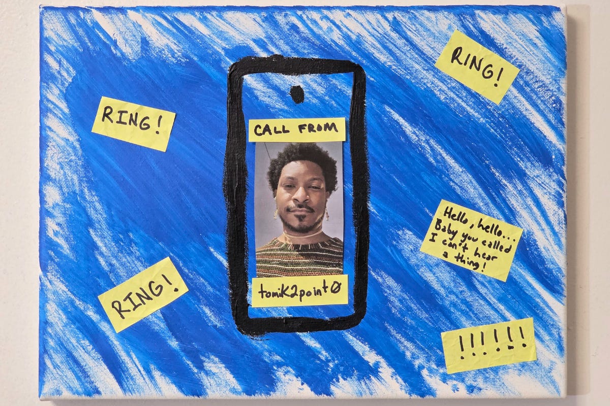 Painting of a phone ringing with caller ID showing a selfie labeled “tomik2point0” and sticky notes reading “RING!” on blue background. Painting of a phone ringing with caller ID showing a selfie labeled “tomik2point0” and sticky notes reading “RING!” on blue background.