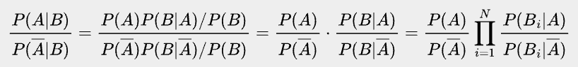 \bbox[#EEEEEE, 8px]{
\frac{P(A|B)}{P(\overline{A}|B)}=\frac{P(A)P(B|A)/P(B)}{P(\overline{A})P(B|\overline{A})/P(B)}=\frac{P(A)}{P(\overline{A})}\cdot\frac{P(B|A)}{P(B|\overline{A})}=\frac{P(A)}{P(\overline{A})}\prod_{i=1}^N\frac{P(B_i|A)}{P(B_i|\overline{A})}}