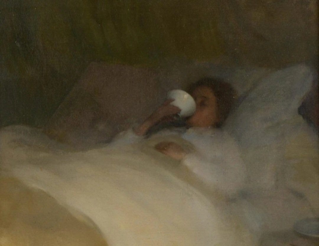 May be art of coffee cup and bedroom