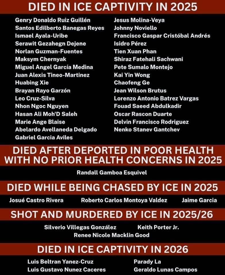 May be an image of text that says 'DIED IN ICE CAPTIVITY IN 2025 Genry Donaldo Ruiz Banegas Reyes Jesus Dejene Noviello Francisco Gaspar Isidro Ismael Serawit Norlan Maksym Miguel Angel García Medina Alexis Huabing Brayan Rayo Garzón Andrés Tien Xuan Phan Shiraz Fatehali Sachwani Pete Sumalo Montejo Kai Wong Chaofeng Jean Wilson Brutus Lorenzo Antonio Batrez Nguyen Saleh Hasan Marie Ange Abelardo Gabriel Fouad Saeed Oscar Rascon Delvin Francisco Rodriguez Stanev Gantchev Delgado DIED AFTER DEPORTED POOR NO PRIOR CONCERNS Randall Gamboa Esquivel DIED WHILE BEING CHASED 2025 BY ICE IN Valdez AND MURDERED BY ICE Silverio Villegas Renee Nicole Keith Porter Good DIED ICE CAPTIVITY'
