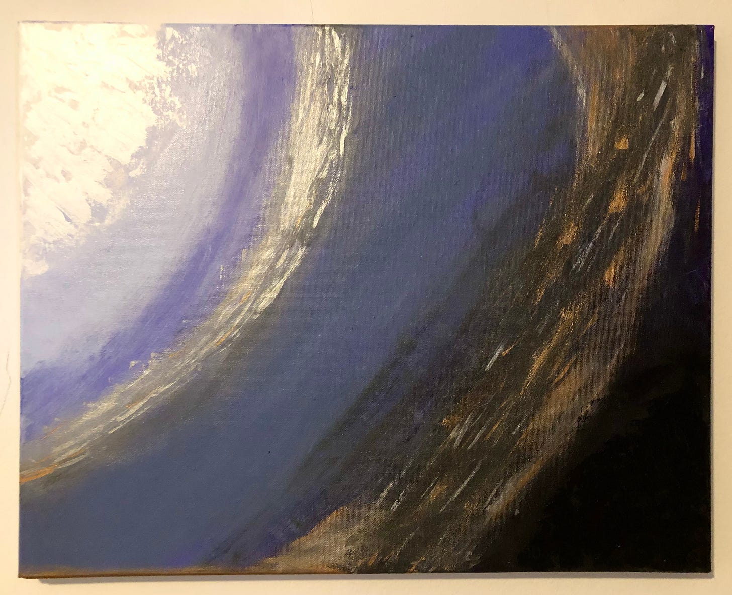 A celestial abstract painting on canvas, landscape style.  White, purple, black, and metallic coloured lines curve across the page, giving off the appearance of a section of a planet seen up close.