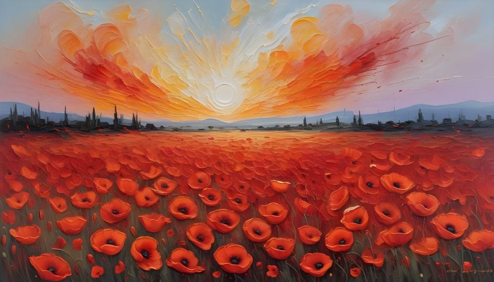 AI-generated painting of a field of poppies below a burning sky.