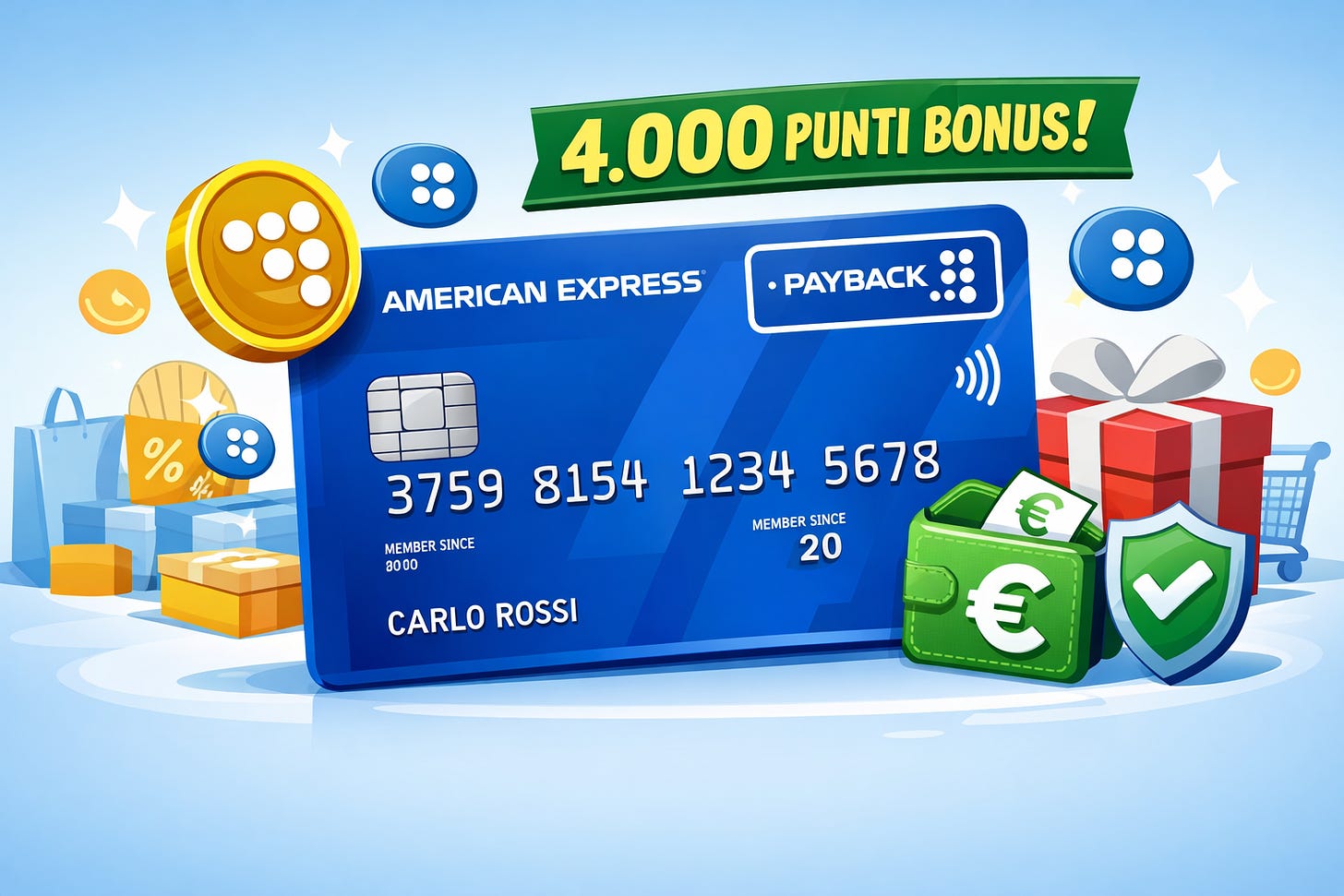 Illustrazione della carta American Express PAYBACK con evidenza del bonus punti e schema semplificato di funzionamento della carta di credito.