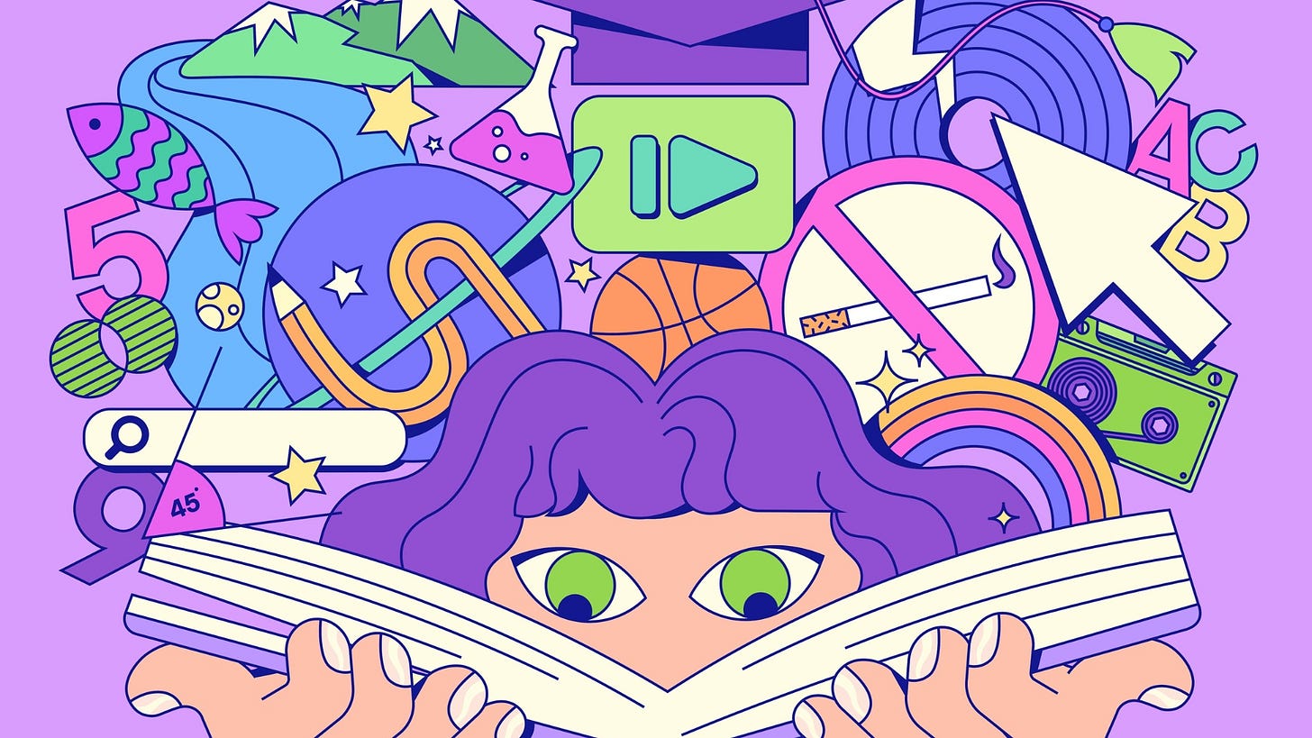 Colorful illustration of a wide-eyed person with purple hair reading a book, with various vibrant symbols and icons bursting from the pages—representing knowledge and imagination. Surrounding visuals include a river, mountains, fish, numbers, pencil, test tube, rainbow, basketball, play button, cassette tape, search bar, and a no-smoking sign, all set against a purple background.