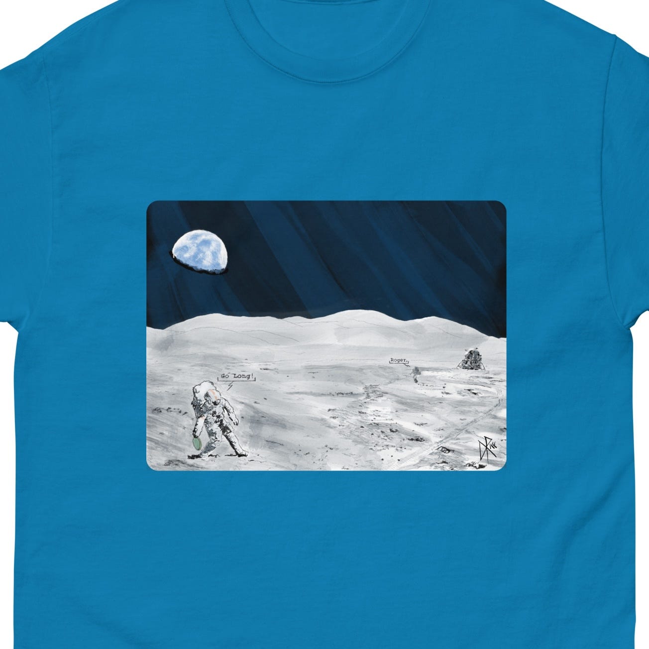 Two fictional astronauts on the moon. One says into his radio, “Go Long!” as he is about to throw a frisbee disc to the other, who is far away and replies “Roger.” The lunar lander sits on the lunar plain, and the Earth sits in the sky above the rocky horizon. Sketch art by Don Rice. Two fictional astronauts on the moon. One says into his radio, “Go Long!” as he is about to throw a frisbee disc to the other, who is far away and replies “Roger.” The lunar lander sits on the lunar plain, and the Earth sits in the sky above the rocky horizon. Sketch art by Don Rice.