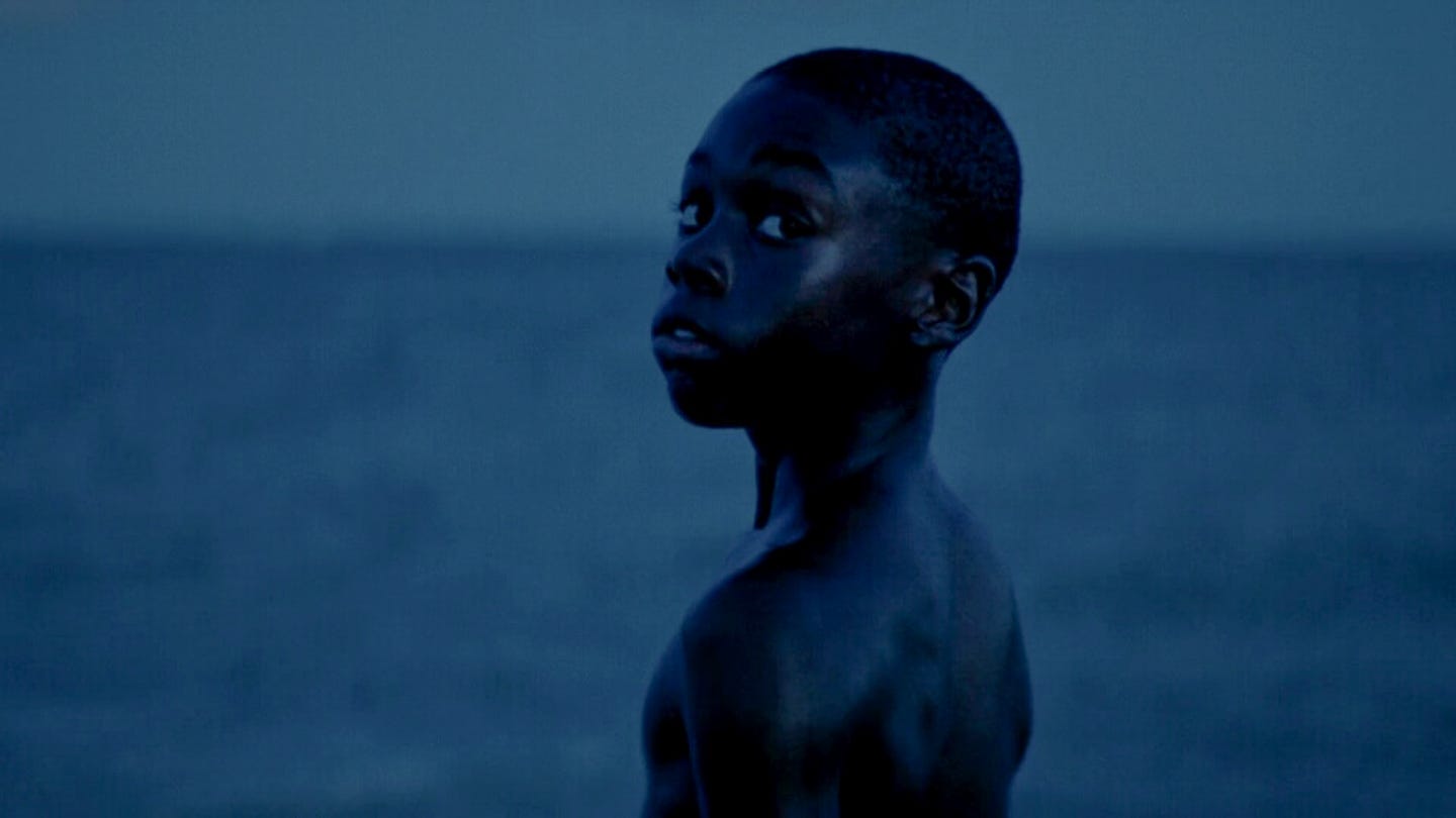 A boy stands shirtless by the ocean at twilight in the final shot of Barry Jenkins’ Moonlight (2016), looking over his shoulder toward the camera. A boy stands shirtless by the ocean at twilight in the final shot of Barry Jenkins’ Moonlight (2016), looking over his shoulder toward the camera.