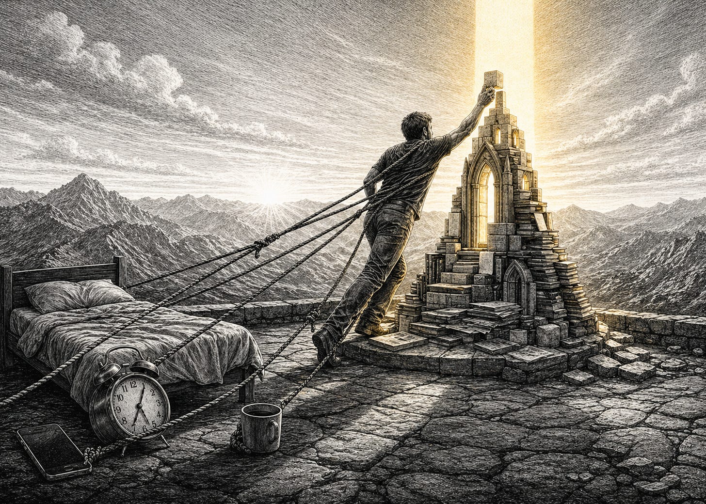 A man tethered to a bed, phone, clock, and cup places a stone on a gold-lit cathedral.