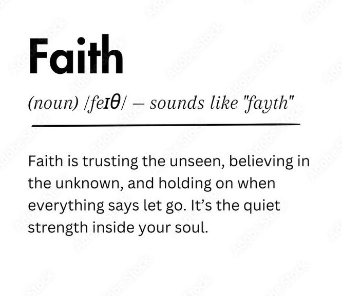 This may contain: the word faith is written in black and white, with an image of a cross above it