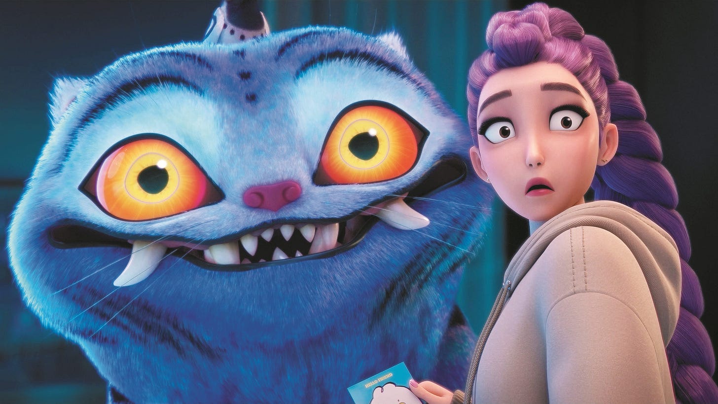 Movie still from K-pop Demon Hunters. A large. blue tiger with yellow eyes stands next to a young woman with long, purple hair.