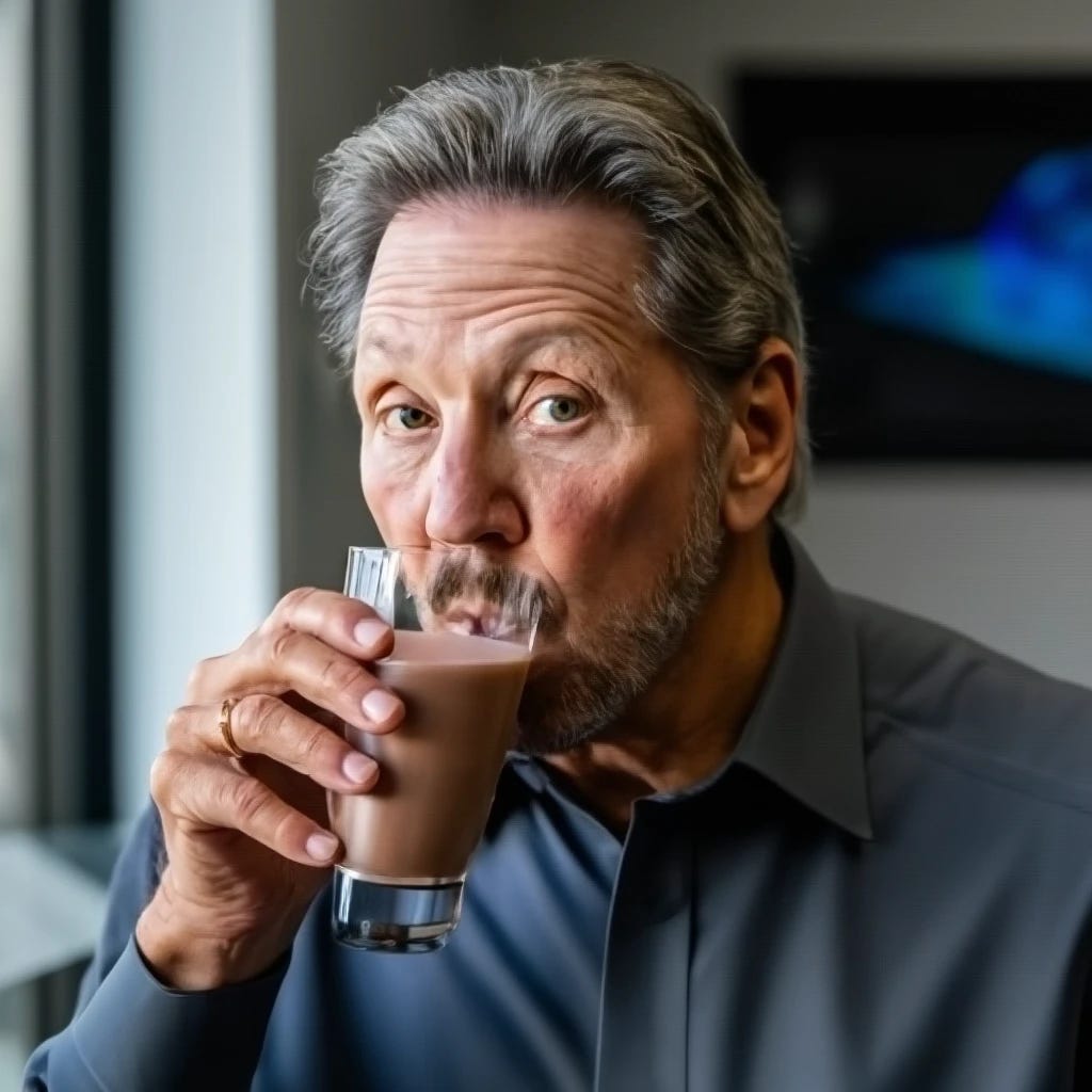 Larry Ellison of Oracle drinking chocolate milk with brown milk mustache