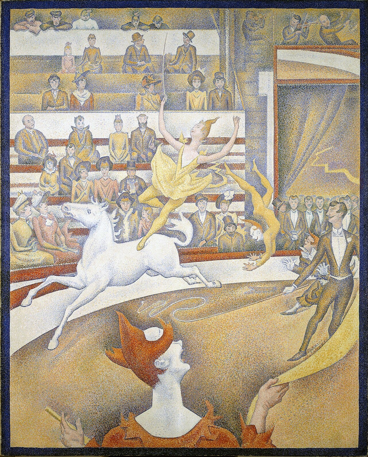 A bareback rider on a galloping white horse in a circus ring A bareback rider on a galloping white horse in a circus ring