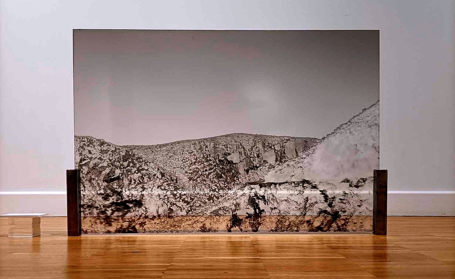 Une photo que j'ai prise à l'exposition d'Elise Navarro, on y voit une impression de paysage de montagne sur un support transparent.