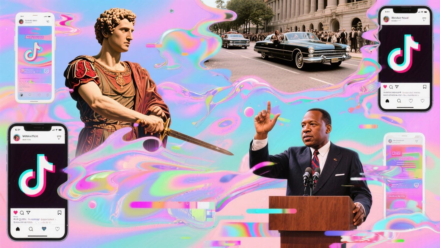 Historical assassinations merging into modern social media feeds in a glitchy collage.