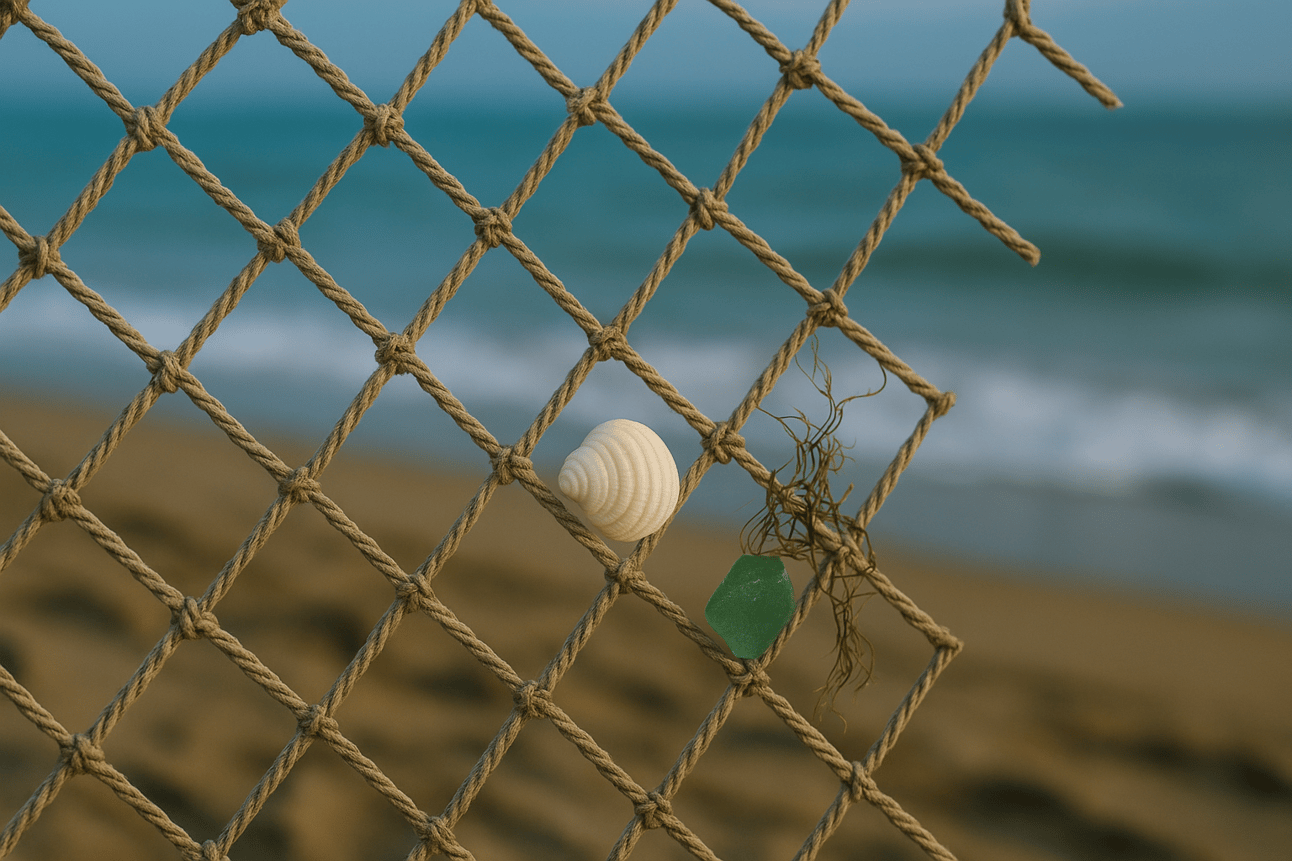 “A close-up of a rope net on a beach, with a white seashell, a piece of green sea glass, and a small tangle of seaweed caught in it. The ocean waves and sandy shore are blurred in the background.” “A close-up of a rope net on a beach, with a white seashell, a piece of green sea glass, and a small tangle of seaweed caught in it. The ocean waves and sandy shore are blurred in the background.”