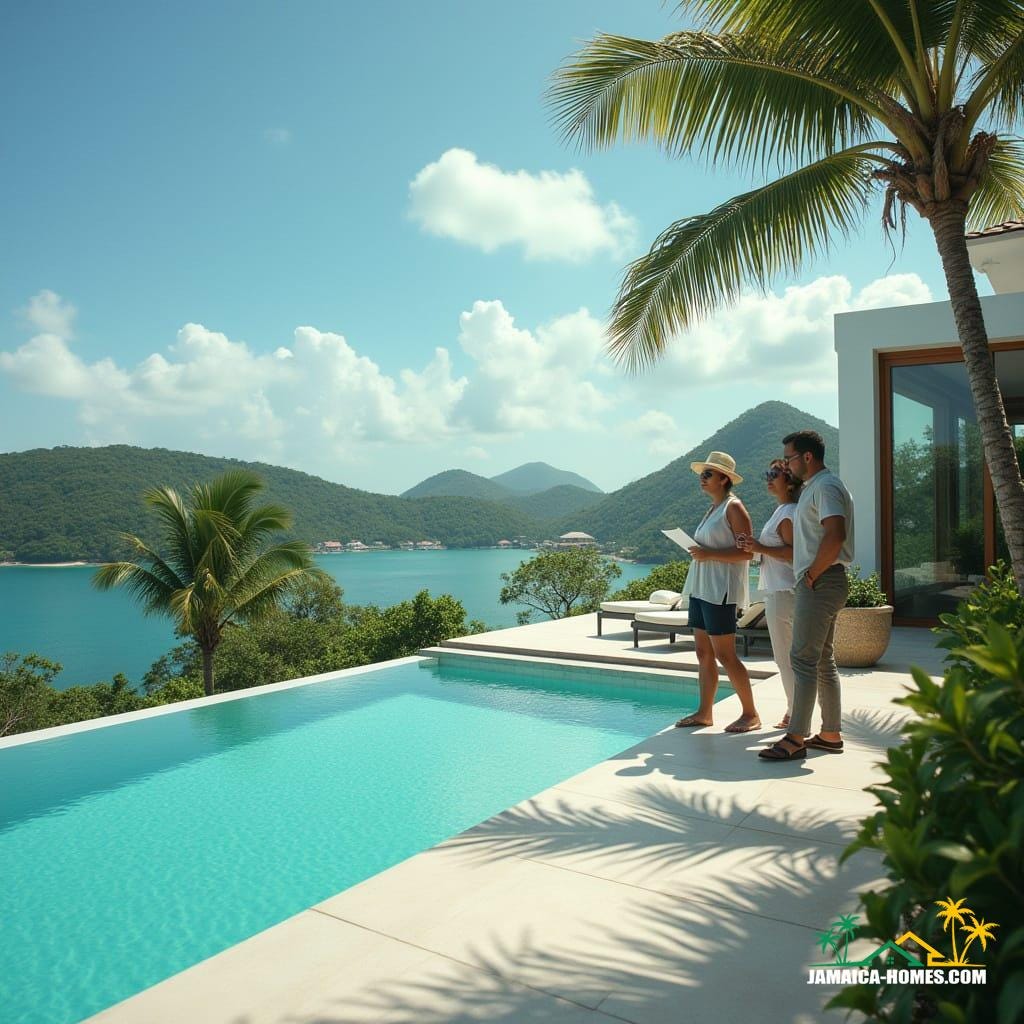 A stylish Jamaican realtor, smartly dressed in a crisp outfit, stands with two interested buyers in front of a freshly painted gate, surrounded by vibrant tropical landscaping, viewing a well-maintained villa on a sunny coastal hillside, overlooking turquoise Caribbean waters, with lush green hills and distant villas, in a cinematic film still style, with bright natural lighting, realistic details, and a clean contemporary aesthetic, reminiscent of the works of Andreas Gursky, Steve McCurry, and National Geographic photographers, with a 35mm film grain, subtle vignette, and cinematic color grading.