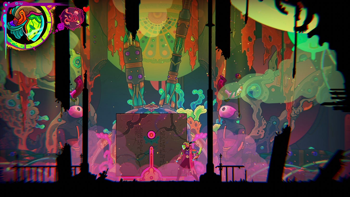 A video game character stands in a room with a large cube in it. Purple smoke swirls around the cube.