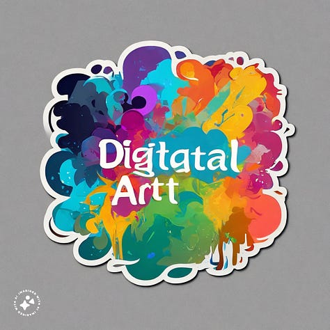 Tulips in a meadow, parrot on a branch, woman pencil sketch, abstract shapes, ice cream shop logo, banner that says "digital art" created by Meta Emu