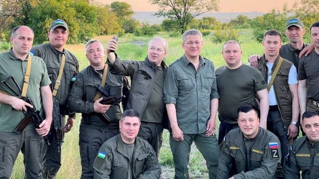 Delegation of Bashkortostan in the Donbas: Radiy Khabirov – fourth from the right (via his official Telegram channel) Delegation of Bashkortostan in the Donbas: Radiy Khabirov – fourth from the right (via his official Telegram channel)