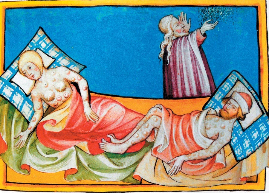 Painting of two people sick in bed with the plague.