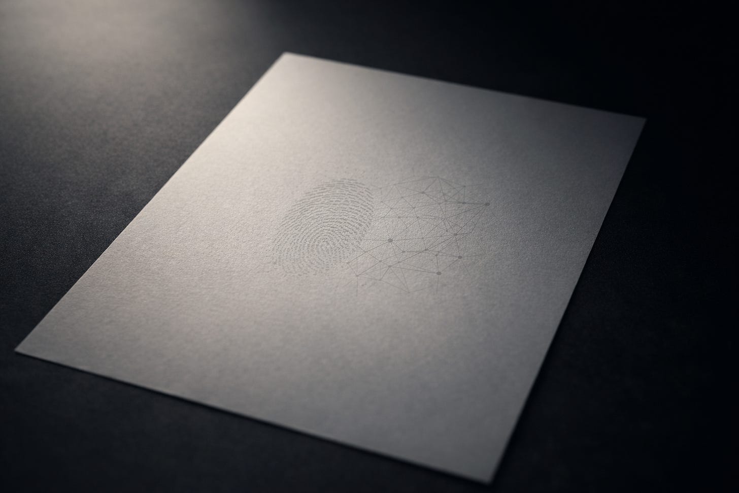 Coală albă pe o suprafață închisă la culoare, cu o amprentă discretă suprapusă peste un model geometric subtil, sugerând tensiunea dintre autorul uman și algoritm.