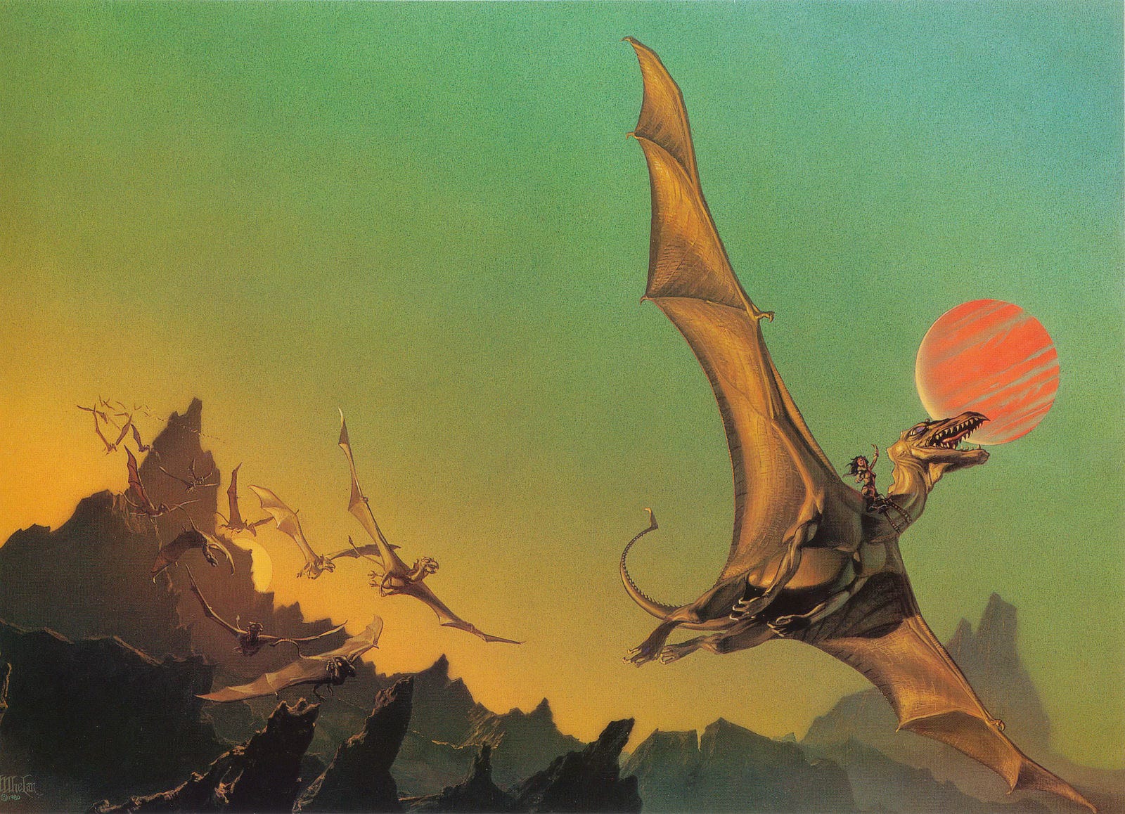 A flight of dragons swoops past a rocky mountain peak down that mostly obscures the sun. The light tints green sky yellow along the ridge. With wings spread wide, the lead dragon pulls up from a dive with beak open to expose teeth and tongue. The arc of its climb intersects a red striated planet. The female dragonrider raises one arm up as she glances back over her shoulder. A flight of dragons swoops past a rocky mountain peak down that mostly obscures the sun. The light tints green sky yellow along the ridge. With wings spread wide, the lead dragon pulls up from a dive with beak open to expose teeth and tongue. The arc of its climb intersects a red striated planet. The female dragonrider raises one arm up as she glances back over her shoulder.