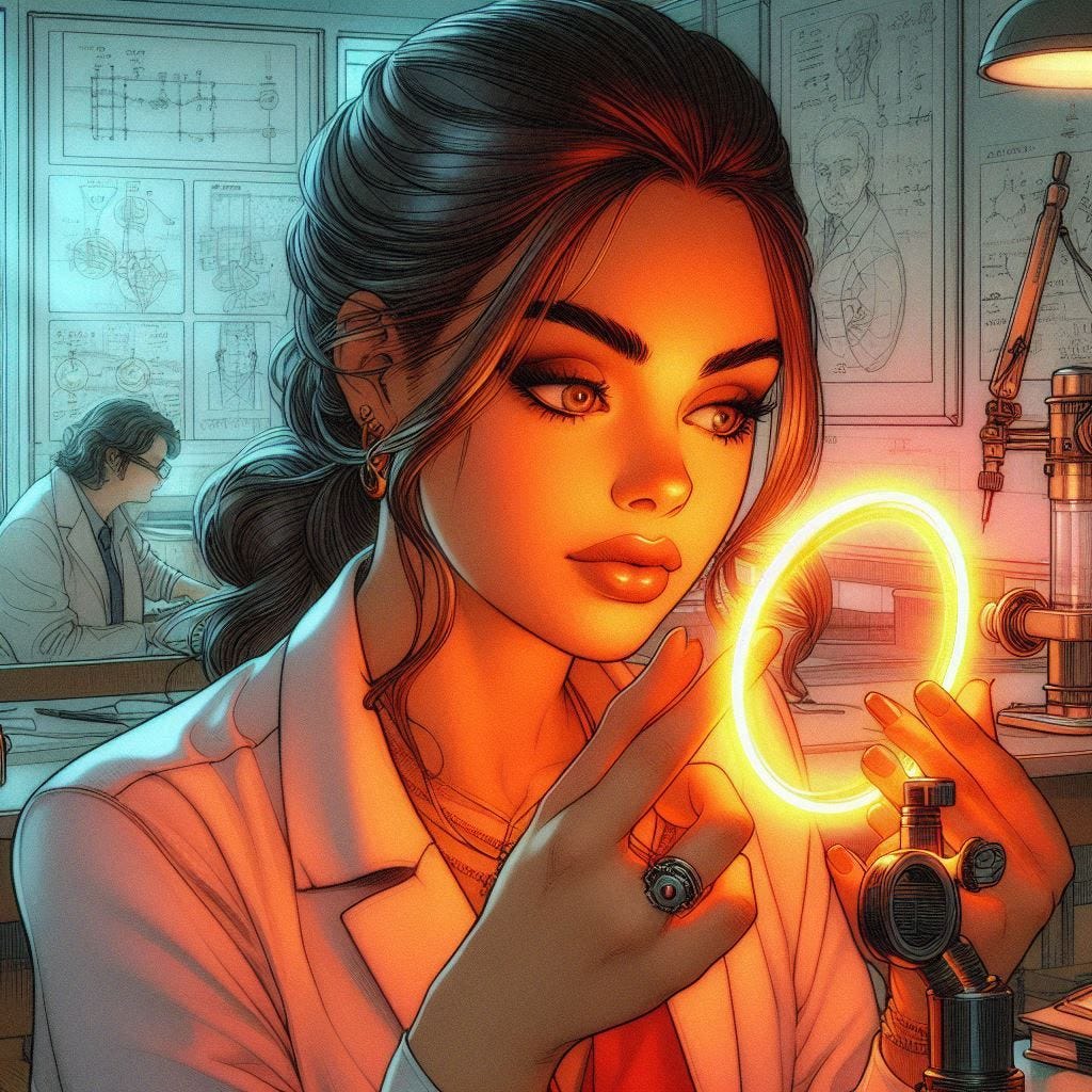 brunette lesbian in a physics lab building a ring, solarpunk drawing picture
