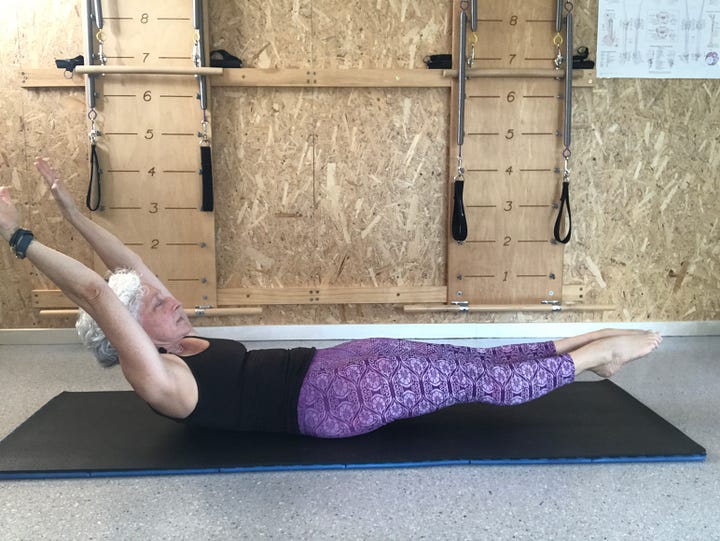 seven photos with a white haired woman in exercise clothing doing each of the Pilates exercises listed in the email
