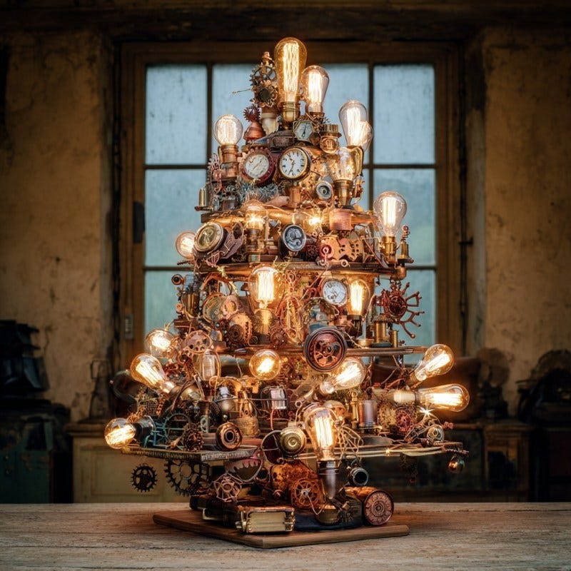 A steampunk-inspired Christmas tree made of gears, clocks, and light bulbs, set in a rustic interior. A steampunk-inspired Christmas tree made of gears, clocks, and light bulbs, set in a rustic interior.