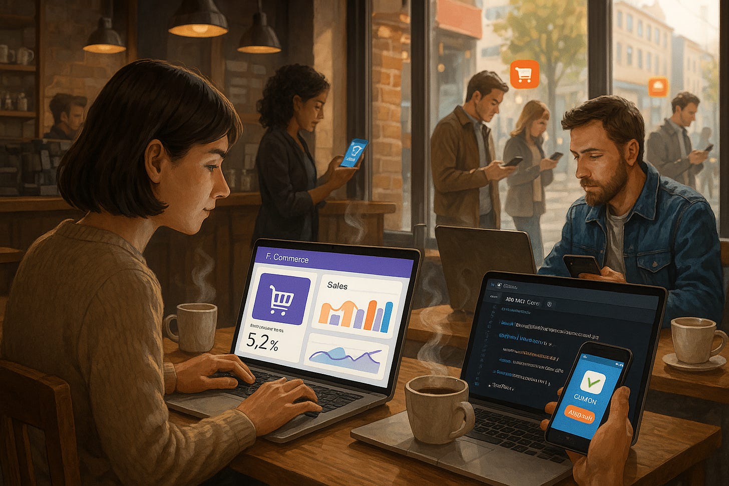 Coffee shop developers building e-commerce sites while customers shop on phones in background scene. Coffee shop developers building e-commerce sites while customers shop on phones in background scene.