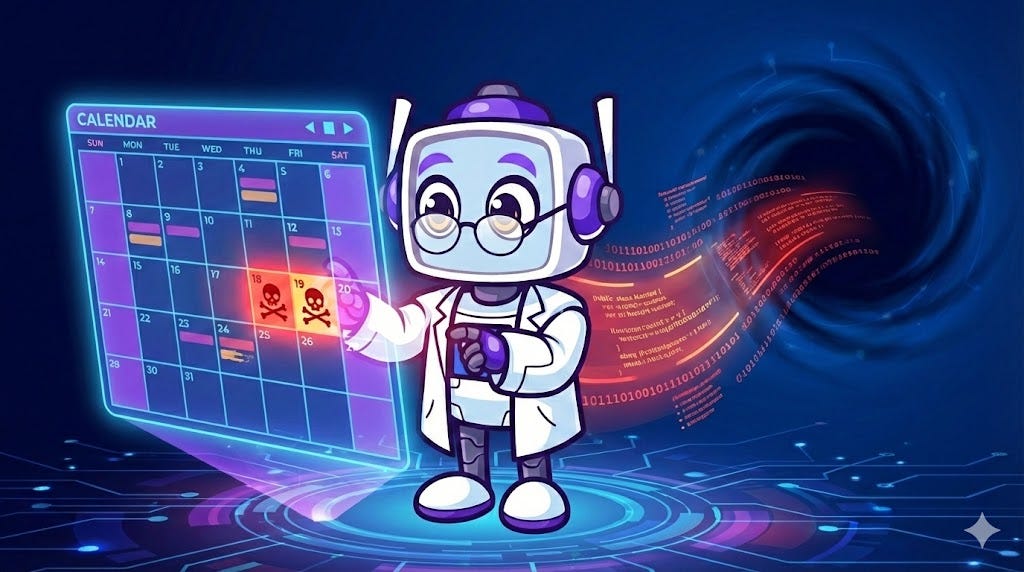 A robot doctor character examines a digital calendar interface with red skull and crossbones icons, indicating a cybersecurity threat or malware infection, with streams of binary code flowing into a digital vortex in the background.