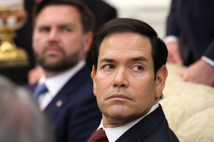 Secretary of State Marco Rubio, during a bilateral meeting between President Donald Trump and Crown Prince of Saudi Arabia Mohammed bin Salman in the Oval Office of the White House on November 18, 2025.