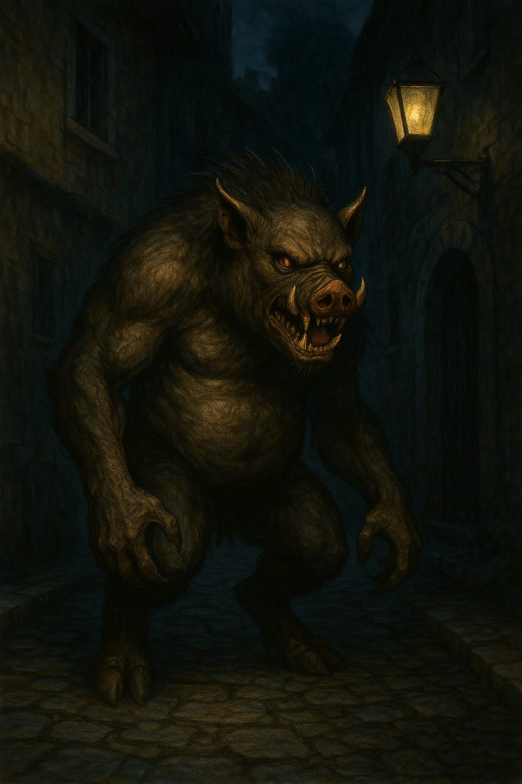 create an image of a devil swine from D&D in a back street at night create an image of a devil swine from D&D in a back street at night