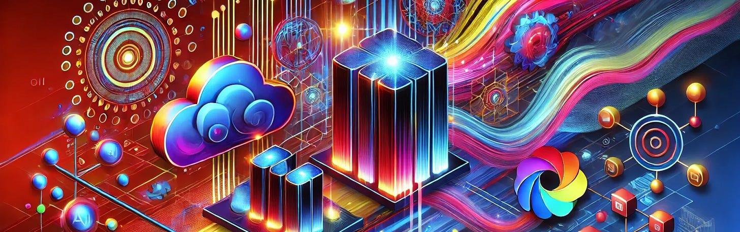 A futuristic and colorful illustration representing AI-driven model scaling and distributed computing with a unique colorway. The image features abstract interconnected server units, AI-driven workload distribution, and dynamic computational graphs. The background is infused with bold crimson, electric blue, and vibrant yellow hues, creating a visually striking and energetic atmosphere. The style is modern, sleek, and visually engaging, avoiding any text elements.