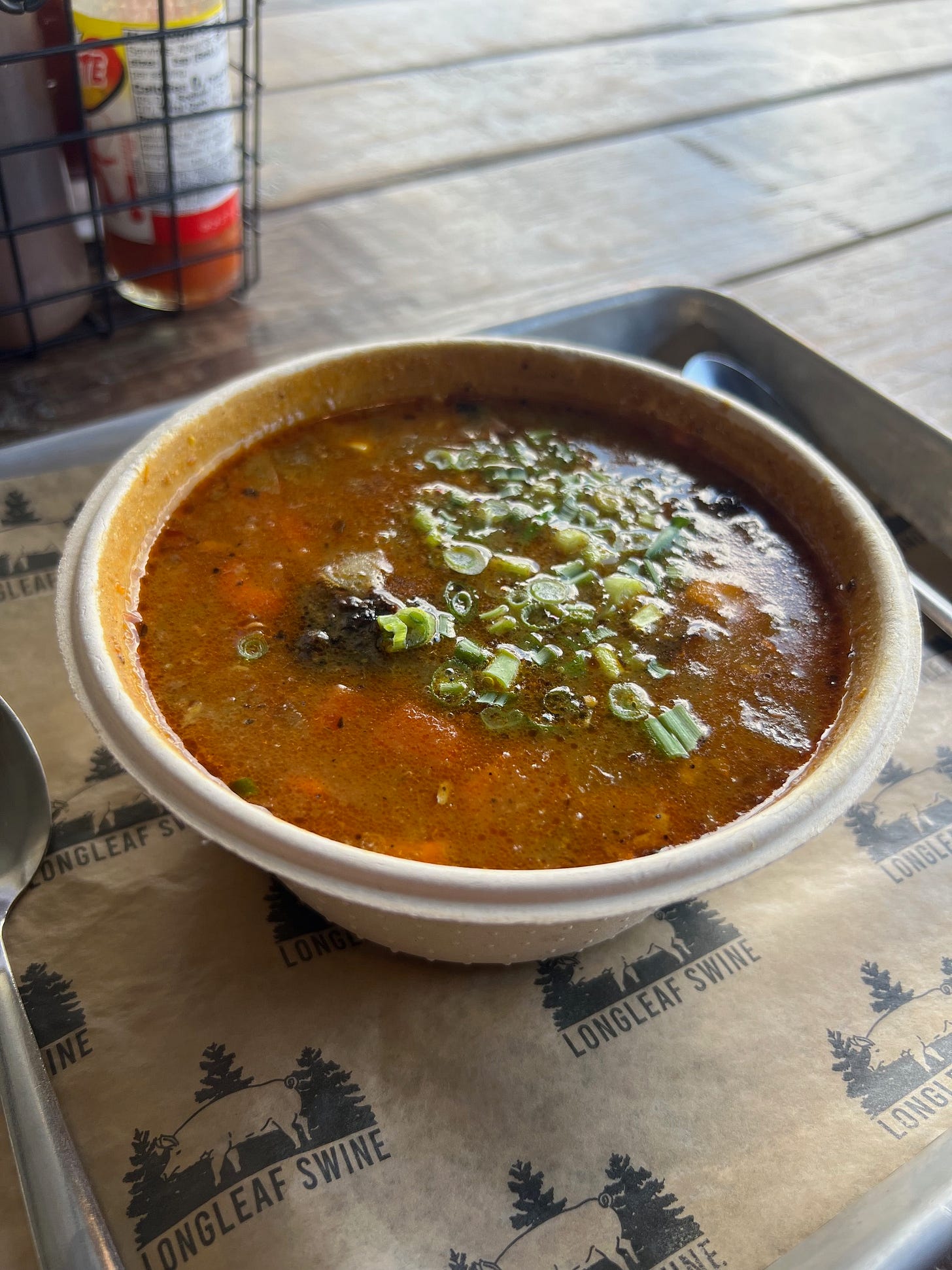 Curried Tri-tip Soup special. It is soup that has an almost barbecue soup taste. The tri-tip is tender. The soup is topped with green onions. Curried Tri-tip Soup special. It is soup that has an almost barbecue soup taste. The tri-tip is tender. The soup is topped with green onions.