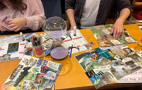 Three event images which include vision boards in progress - a cardboard base with cut out images from various magazines.