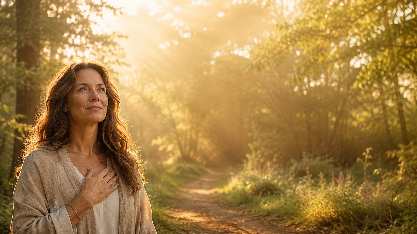 A woman with long brown hair stands in a forest looking up at the trees. She had one hand resting on her chest. She has a peaceful look.