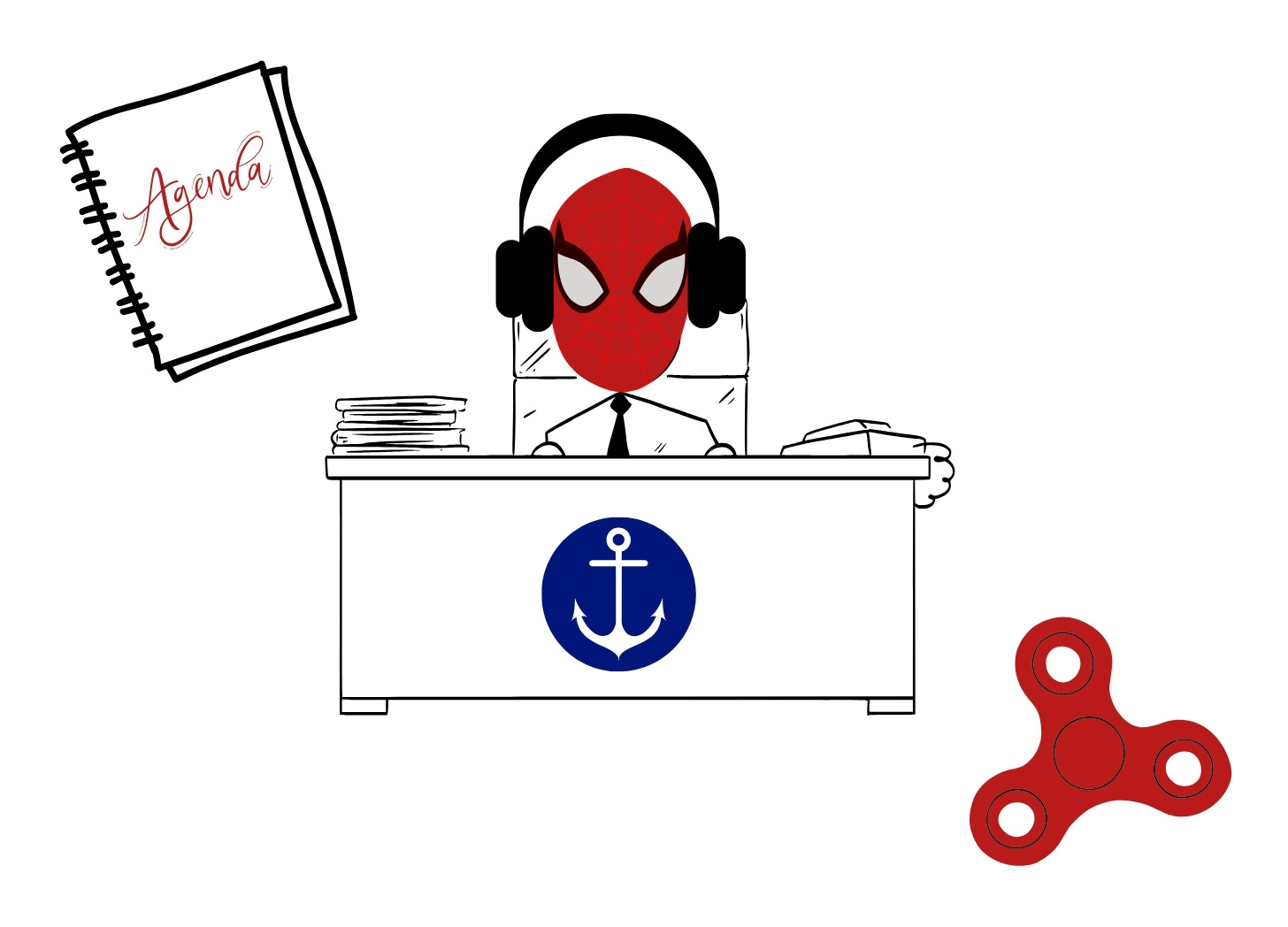 A person sitting at a desk with a blue anchor displayed on the front. They are wearing an overside Spiderman mask an noise-cancelling headphones. An agenda and a fidget toy appear on either side 