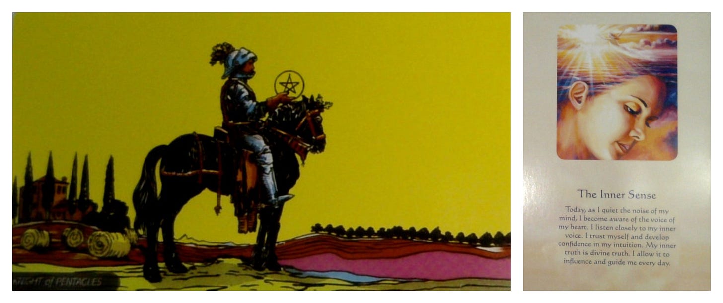 The Knight of Pentacles tarot card and The Inner Sense oracle card.