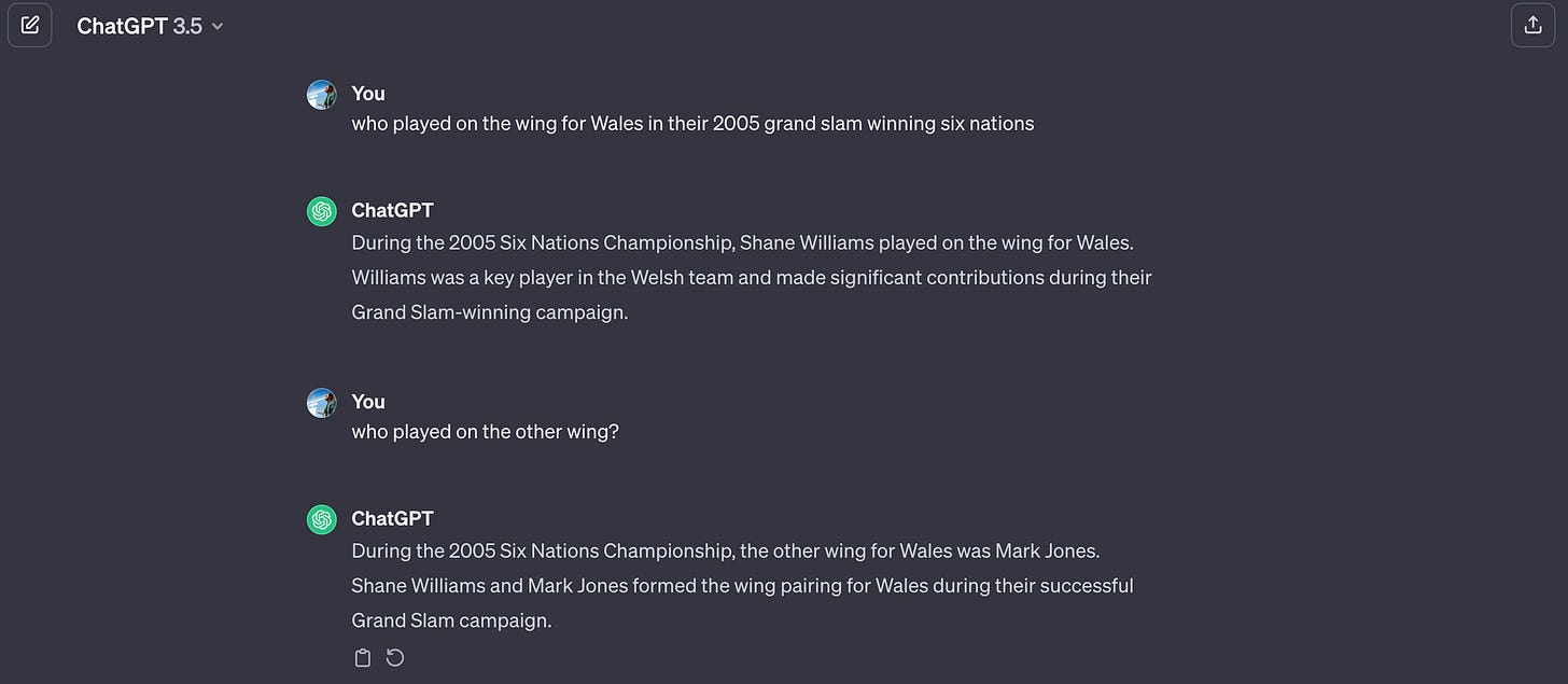 ChatGPT incorrectly guesses the two wingers in the Wales 2005 rugby team ChatGPT incorrectly guesses the two wingers in the Wales 2005 rugby team