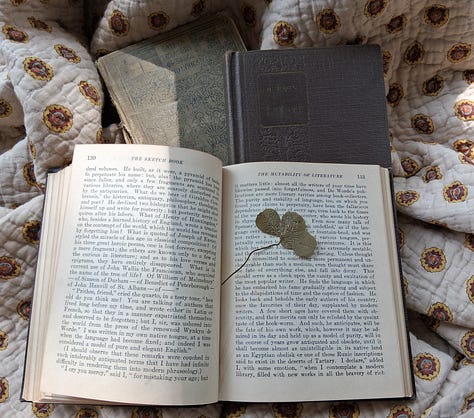 A spread of vintage books opened to reveal pressed four leaf clovers