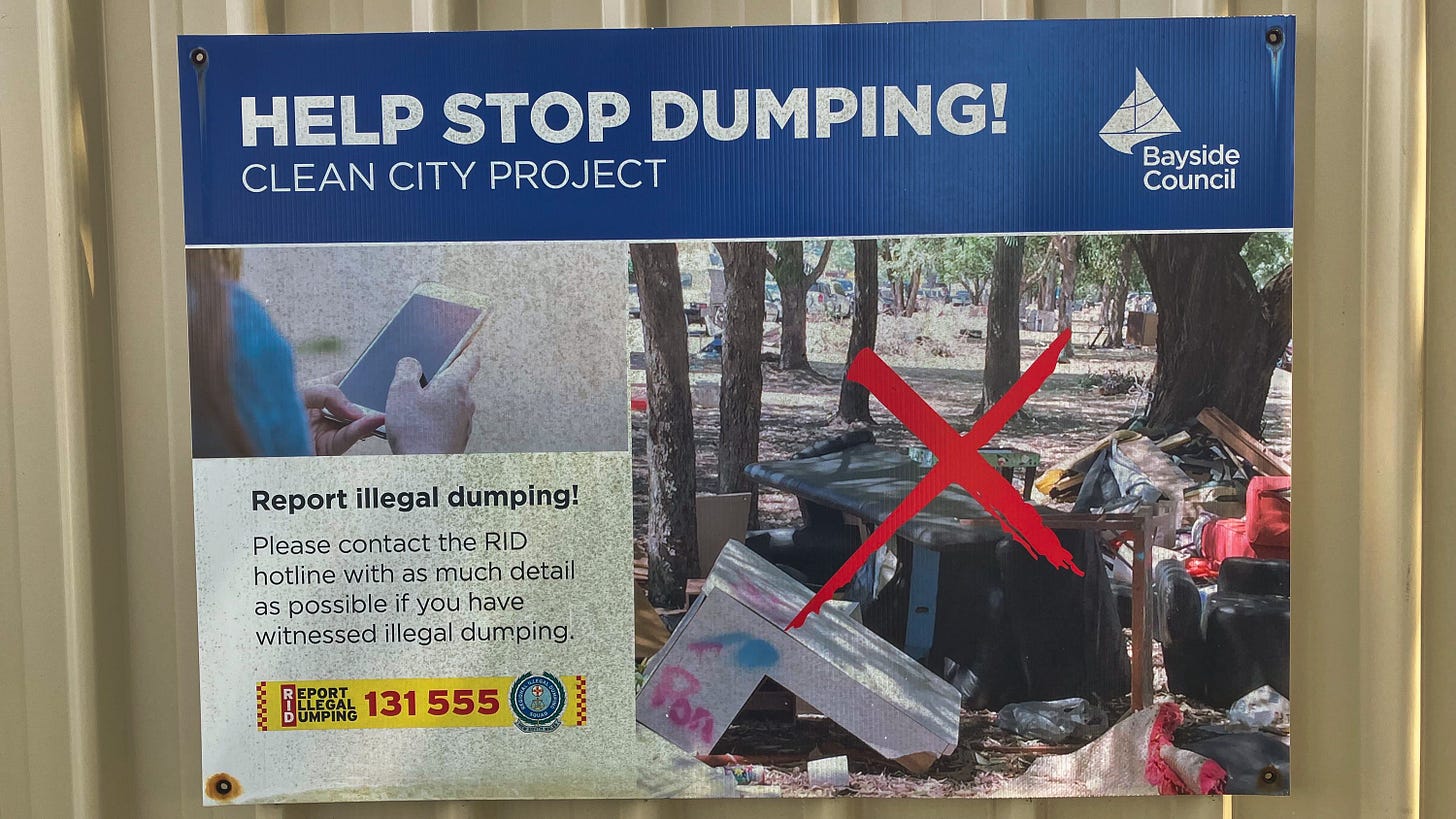 ‘Help stop dumping! clean city project, Report illegal dumping! Please contact the RID hotline with as much detail as possible if you have witnessed illegal dumping, 131 555, Bayside Council’