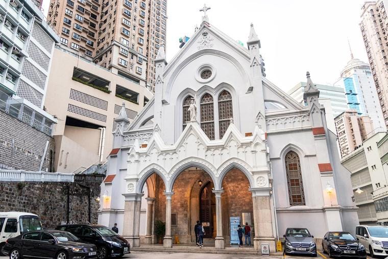 The 19th-century English Gothic revival Cathedral of the Immaculate Conception is the seat of the Diocese of Hong Kong.