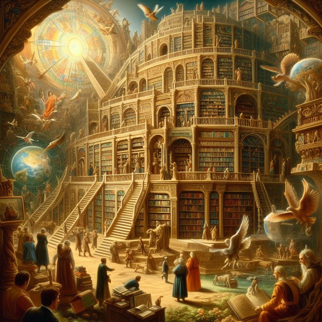 an image depicting the library of babel, From a hypothetical short story to a real website in under a century, the history and implications of the Library of Babel. painting