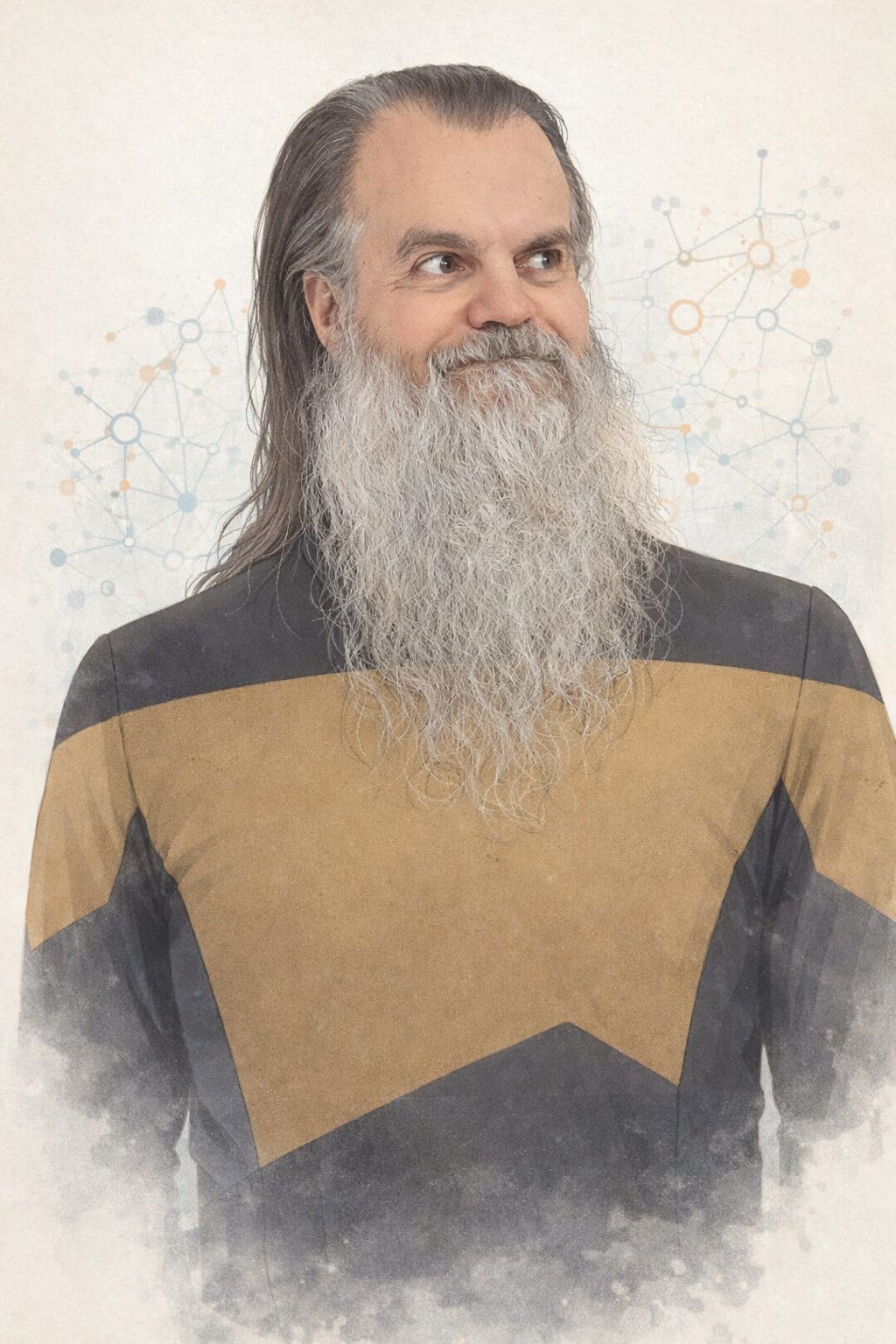 A chest-up portrait shows a man with long gray hair pulled back and a full, flowing beard, gazing slightly to his right with a subtle smile. He wears a structured, gold-and-black uniform with sharp geometric paneling, evoking a futuristic or sci-fi style. The background is light and minimal, overlaid with faint network-like lines and nodes, suggesting technology or AI themes.