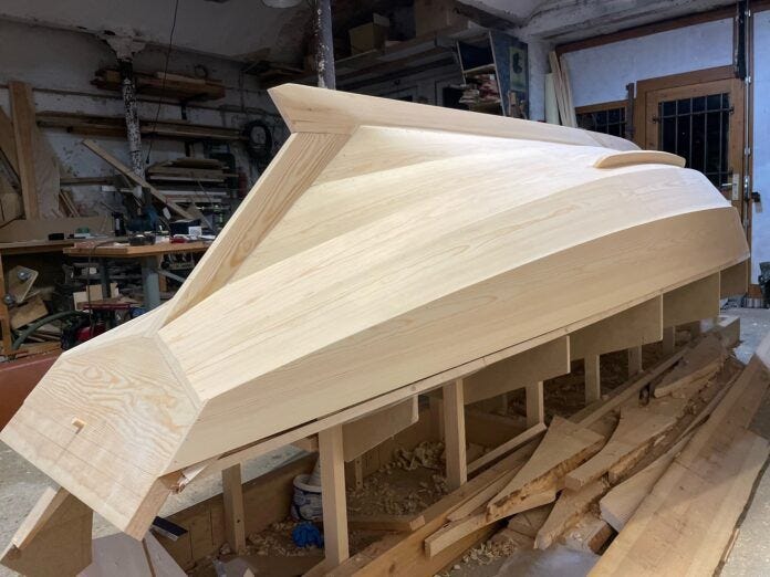 FEINSPIEL VENDIA BOAT 8 (1) This Feinspiel Vendia boat is made from their proprietary Nordic pine plywood planks. The planks are made from sliced veneer so it looks like solid wood, but is actually ply. (Photo courtesy of Vendia)