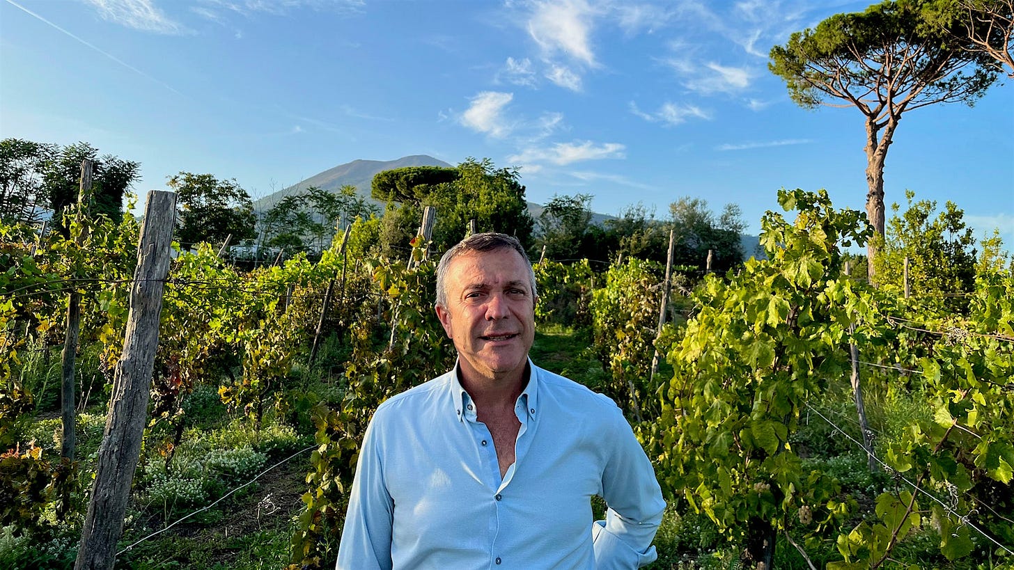 Massimo Setaro standing in front of his vineyard with a mountain in the background Massimo Setaro standing in front of his vineyard with a mountain in the background