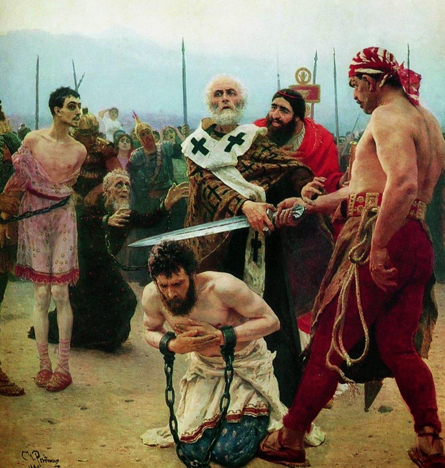 An old white-bearded bishop in golden vestments seizes with his bare hands the raised sword of a bare-chested executioner above a kneeling, blindfolded man. Two other condemned men wait, and a governor in a red cloak stands back. An old white-bearded bishop in golden vestments seizes with his bare hands the raised sword of a bare-chested executioner above a kneeling, blindfolded man. Two other condemned men wait, and a governor in a red cloak stands back.