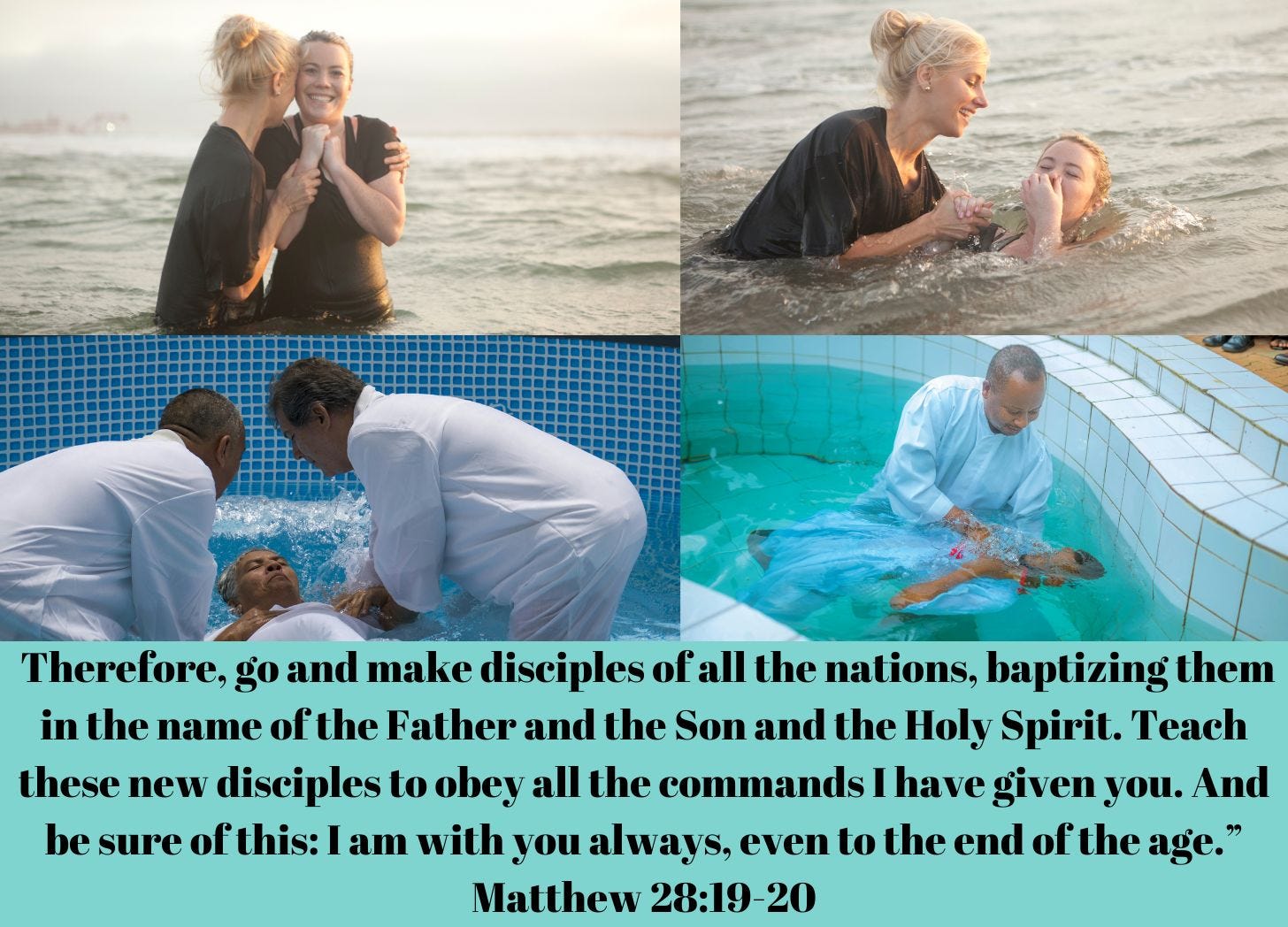 Mark 28:16-20 on a photo make with Canva of people being baptized. Mark 28:16-20 on a photo make with Canva of people being baptized.