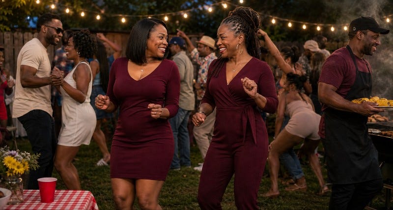 People dancing at a backyard party with someone grilling food