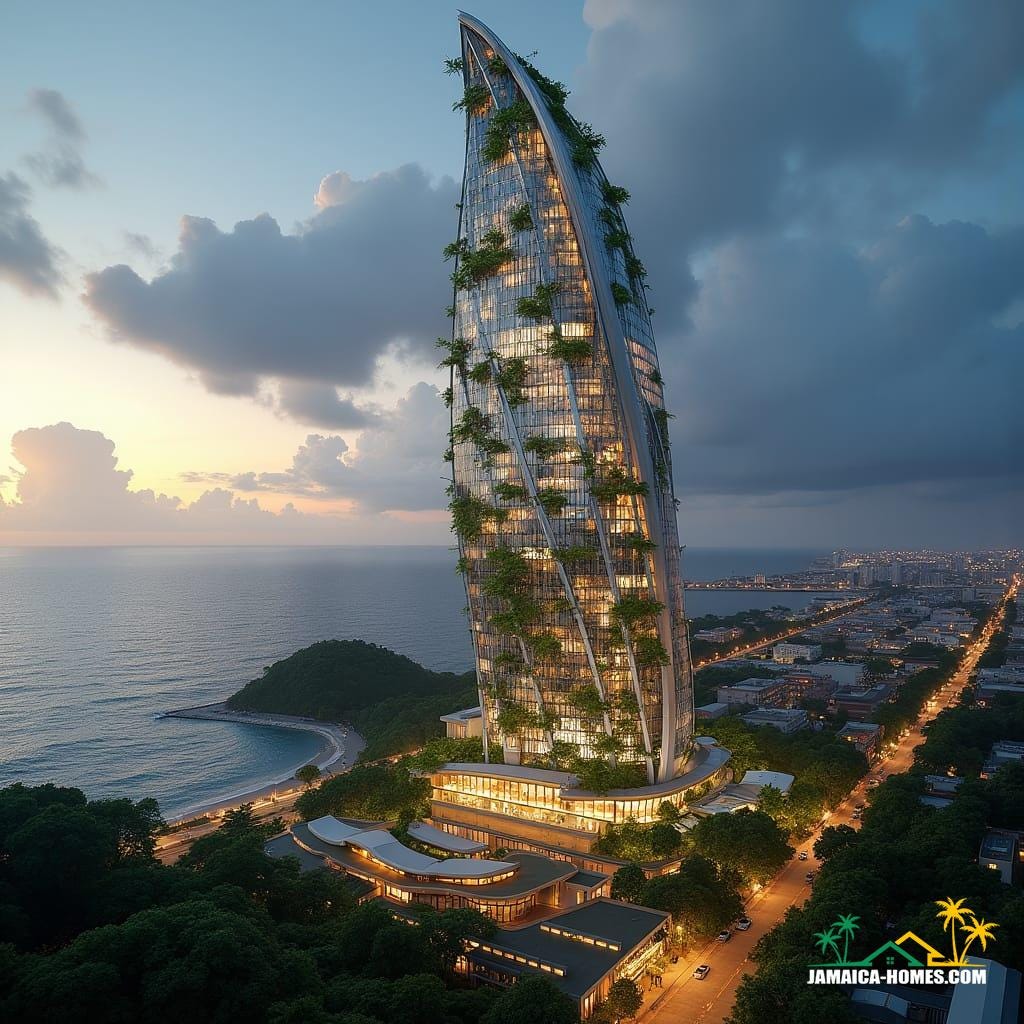 iconic skyscraper for downtown Kingston, Jamaica, that combines sleek, futuristic design with Jamaican cultural motifs.